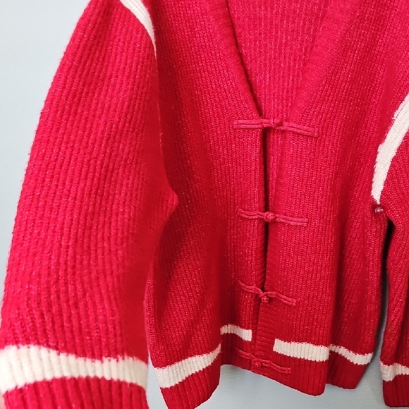 H&M Oversized Slouchy Toggle Button Red and White Wool Blend Cardigan XL - Picture 5 of 7
